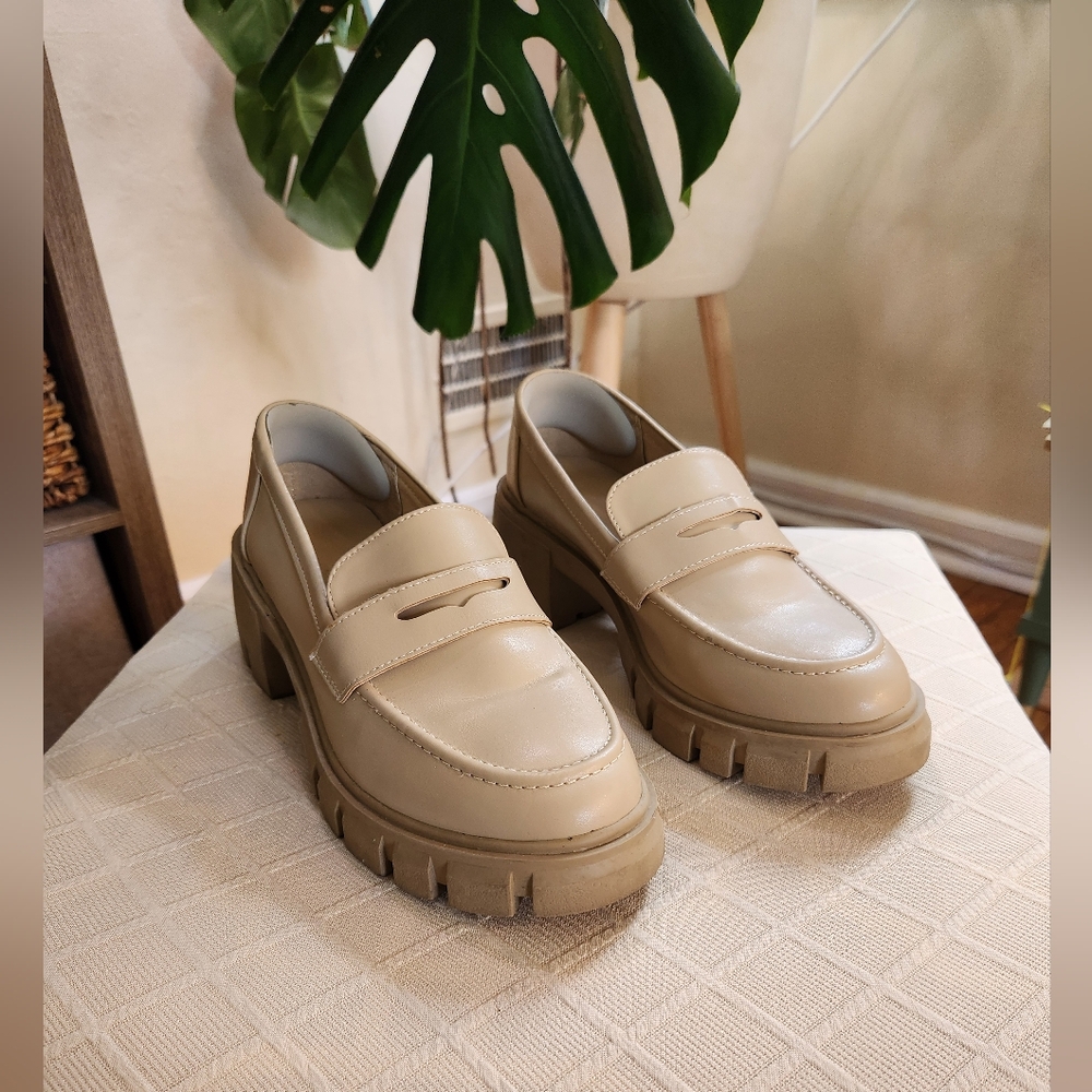 Beige Chunky Loafer Heels - Women Flats & Loafers